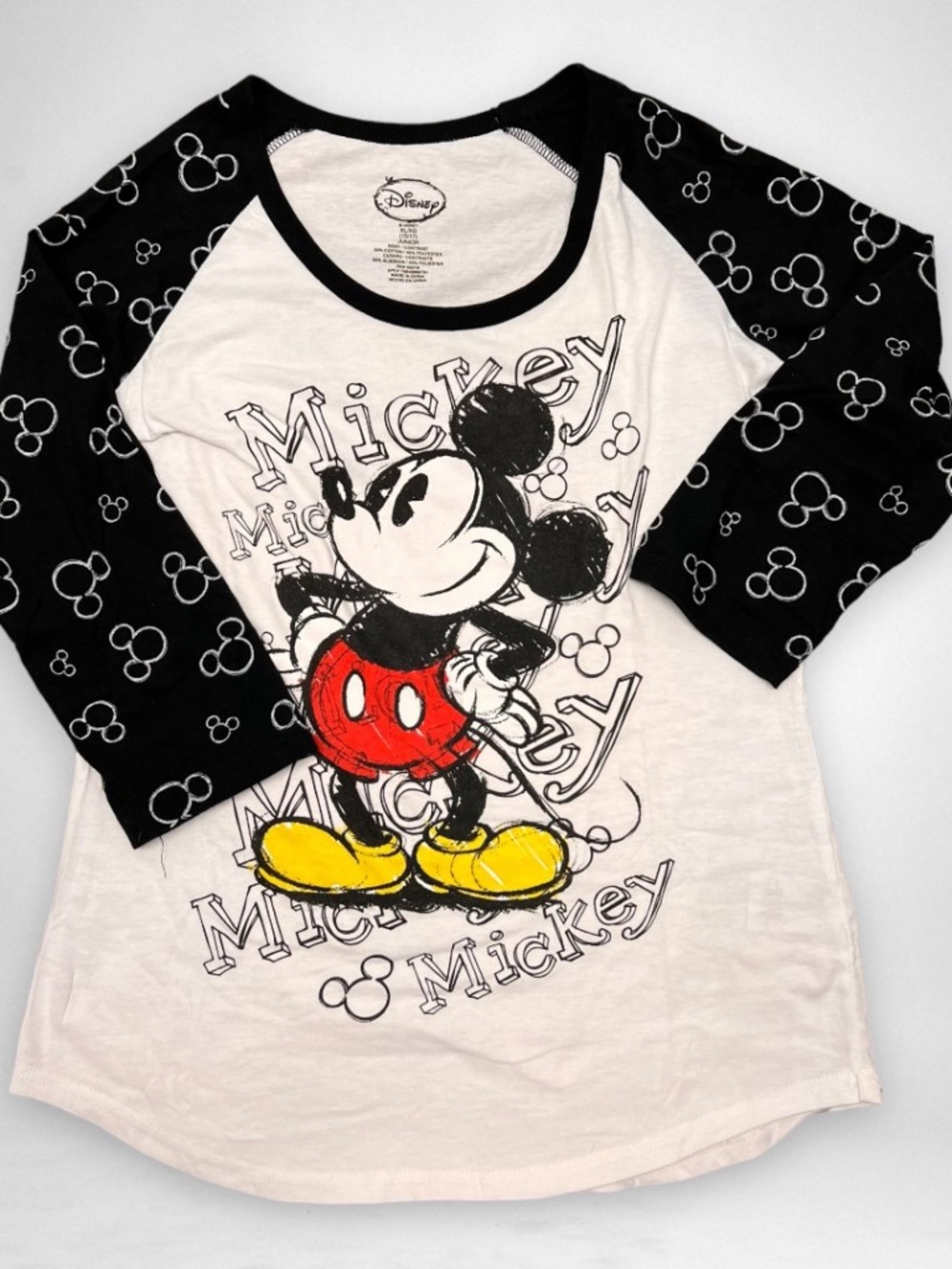Mickey Mouse Pie Eye -Raglan Ringer 3/4 Sleeve T-Shirt Juniors XL (15/17) DISNEY